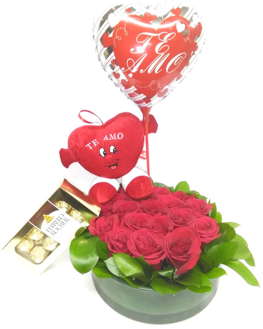 Florero redondo con 18 Rosas, Peluche corazn, Bombones Ferrero Rocher 100grs y Globito